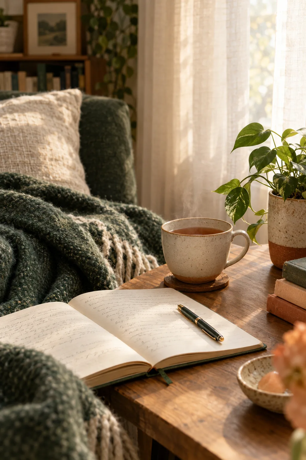 A cozy reading nook with a blanket, an open journal and a cup of tea